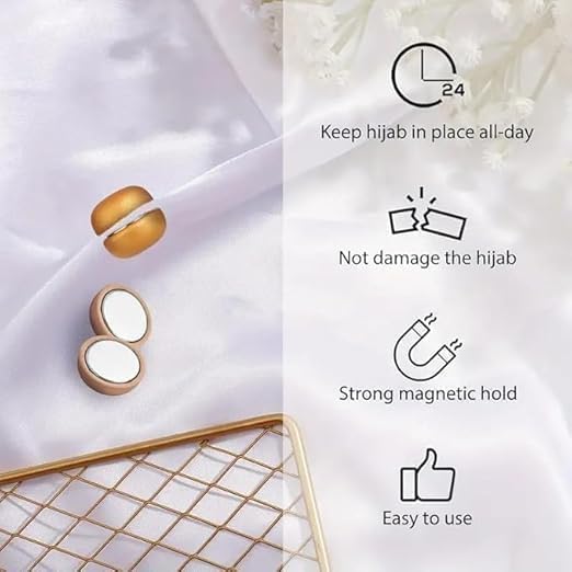 Pair of 7AGAT magnetic hijab pins with metal scarf magnets, strong hold, no damage, 2-piece set for secure hijab styling.