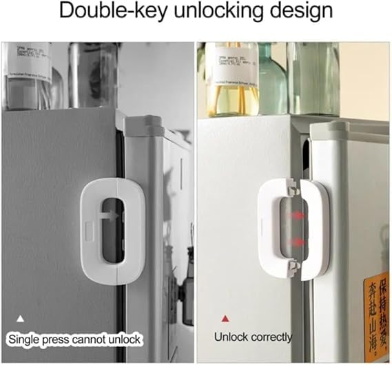 White child safety lock by 7AGAT Shopping, secure baby proof latch for cabinets, drawers, and fridge with no drilling needed
