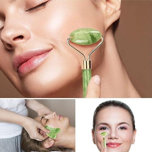 7AGAT natural jade roller and Gua Sha set for facial massage, double-sided skincare tool for anti-wrinkle facial treatment