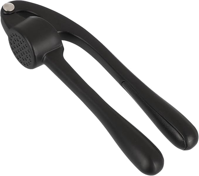 7AGAT garlic press with heavy-duty metal body and black ABS handle, ergonomic non-slip grip for mincing garlic easily.