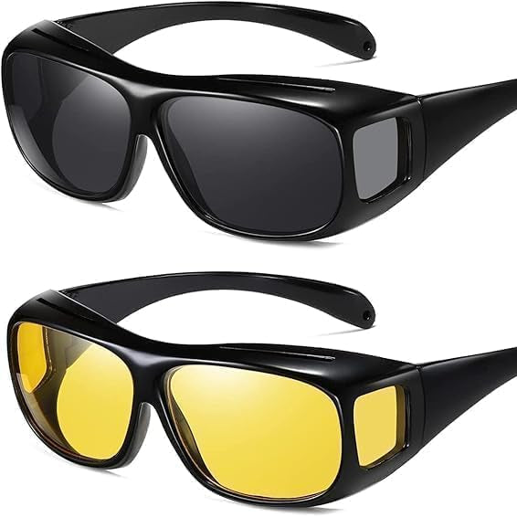 7AGAT 2-piece driving glasses with yellow tint, anti-glare lenses, lightweight wrap-around frame for day and night use.