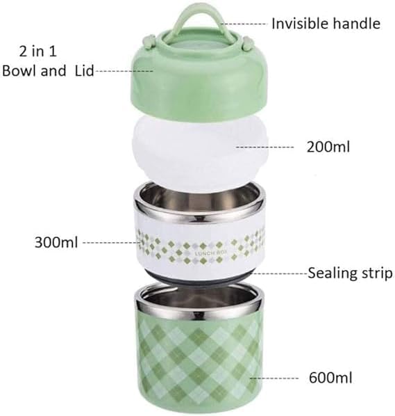 Sky blue 3-tier stainless steel insulated lunch box with checkered pattern and handle, ideal for thermal food storage.