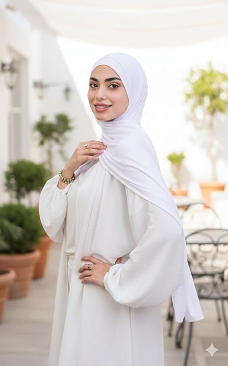 Soft white cotton gel scarf for women by 7AGAT, seamless, adjustable head wrap with solid color and drawstring bandana style.