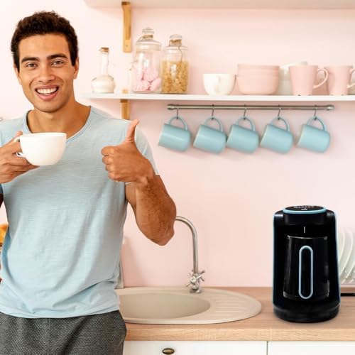 7AGAT Shopping electric Turkish coffee maker in sky blue with stainless steel heating, anti-spill sensor, 280ml capacity, auto-shutoff