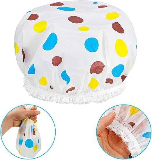 Two 7AGAT waterproof shower caps with colorful patterns, reusable hair bonnets for shower, hair treatments, and coloring.