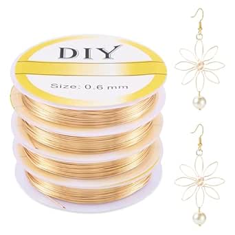 Four rolls of 14K gold copper beading wire for jewelry making, 20 gauge, tarnish resistant, ideal for bracelets and necklaces.