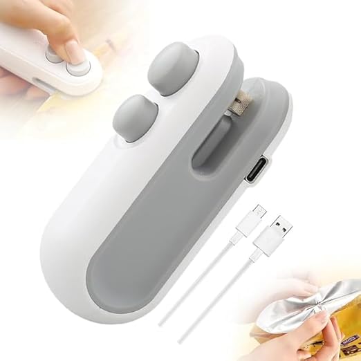 7AGAT 2-in-1 mini heat sealer and cutter with USB rechargeability, magnetic back, compact thermal bag sealer for food storage.