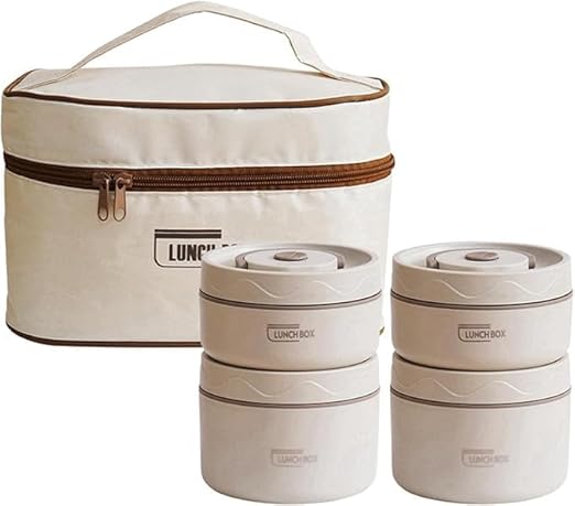 7AGAT stainless steel insulated lunch box set with 4 stackable beige food containers in 2 sizes, ideal for work, school, or office.