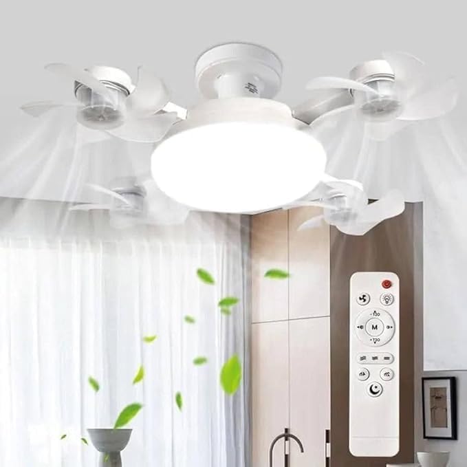 7AGAT white ceiling fan with LED light, flower-style blades, remote control, E27 socket, 3-color dimmable, low noise