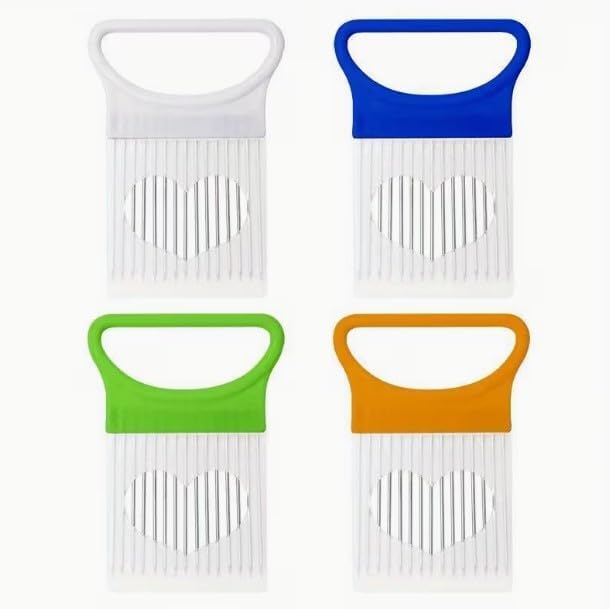 Multicolor vegetable holder slicer with stainless steel prongs, kitchen cutting guide tool for peeling, grating, and slicing vegetables.