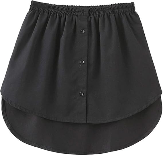 Adjustable women’s shirt extender and layered fake top with elastic waistband, polyester cotton blend, paired with a half-length skirt.