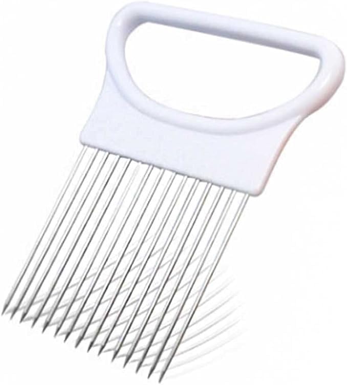 Multicolor vegetable holder slicer with stainless steel prongs, kitchen cutting guide tool for peeling, grating, and slicing tasks.