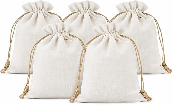 Set of 10 burlap gift bags with drawstrings, jute linen pouches for wedding favors, party gifts, and DIY craft packaging.