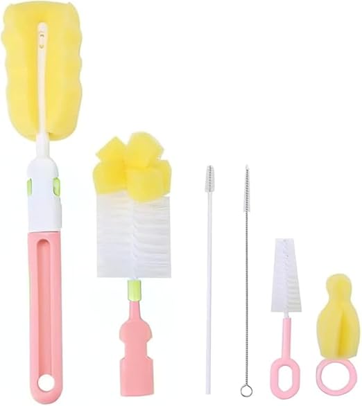 Six-piece baby bottle cleaning brush set by 7AGAT with pink and yellow sponge and bristle brushes for baby bottles and straws
