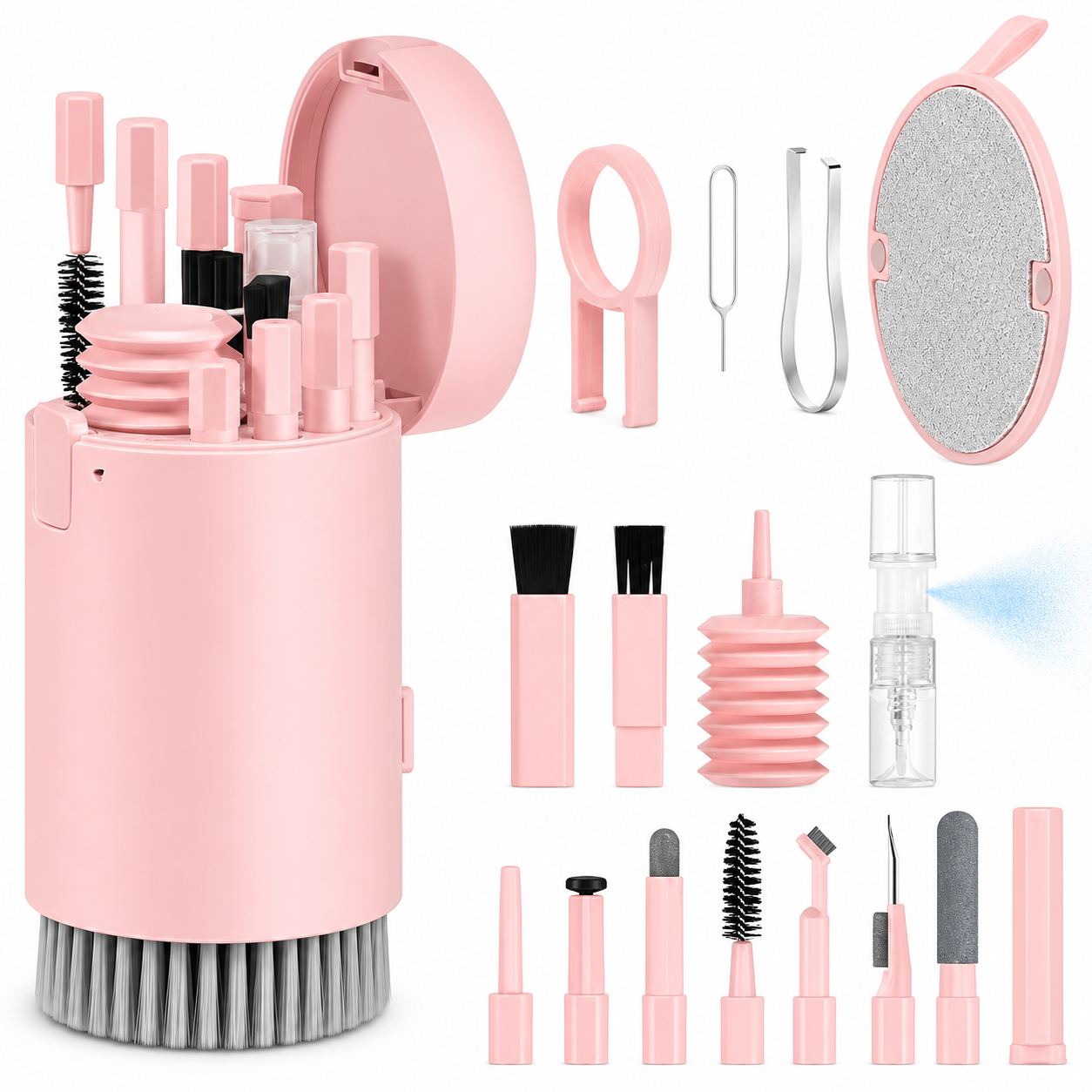 7AGAT laptop and phone cleaning kit with spray, keyboard brush, and tools for MacBook, iPhone, iPad, AirPods, and screens in assorted colors.