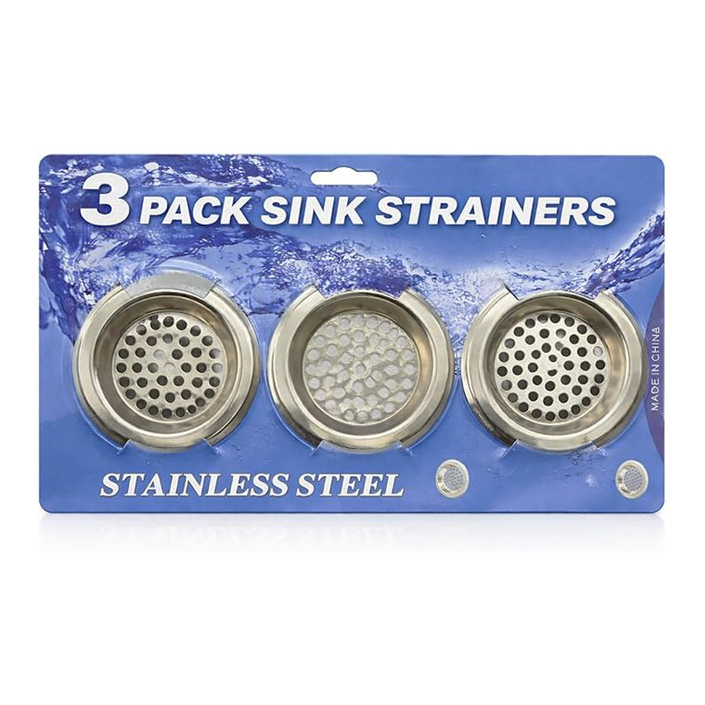 Set of 7AGAT stainless steel sink strainers, rust-resistant anti-clog drain filters for kitchen and bathroom sinks, 3-pack.