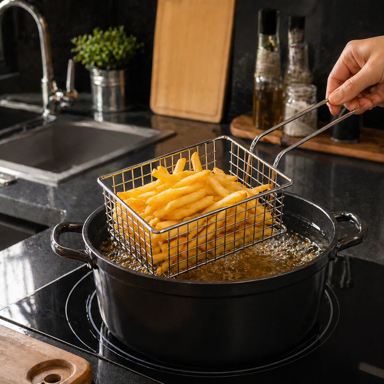 7AGAT stainless steel wire mesh serving basket with handle, ideal for French fries, snacks, and appetizers at home, cafe, or restaurant