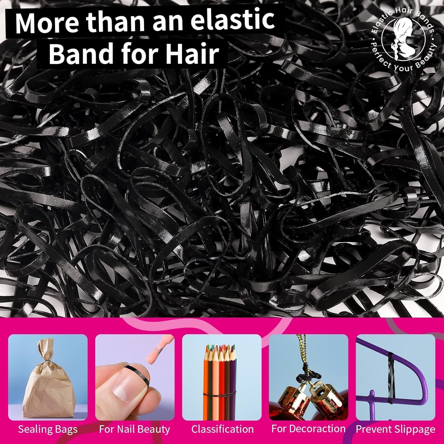 Set of 7AGAT elastic hair bands and ponytail holders for women and kids, rubber hair ties in various sizes and colors.