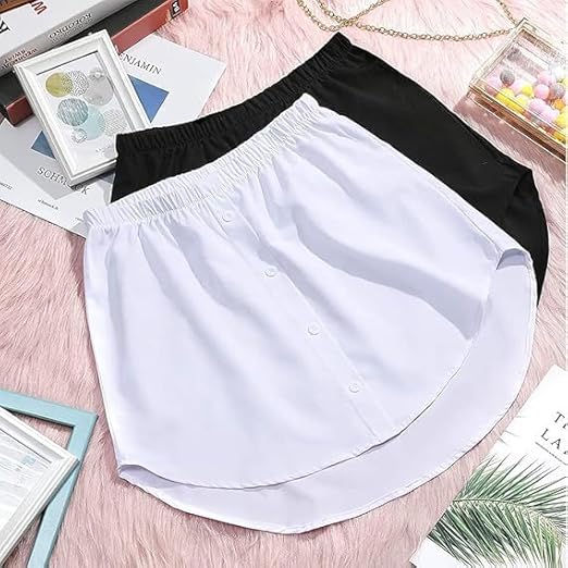 Adjustable women’s shirt extender and layered fake top with elastic waistband, polyester cotton blend, styled as a half-length skirt.