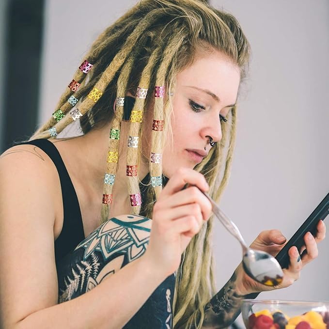 Colorful plastic hair braid beads in a variety of bright colors, designed for braids, ponytails, and hairstyles for girls and women.