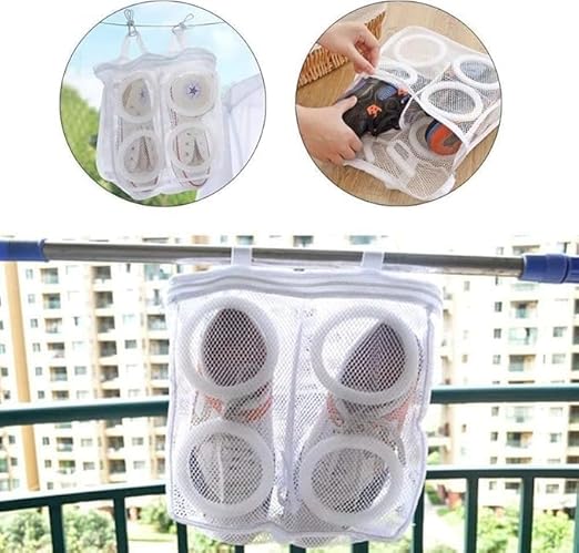White mesh laundry bag for shoes by 7AGAT with zipper closure, reusable design, straps, protects shoes and washing machine.