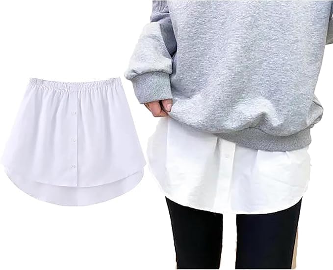 Adjustable women's shirt extender layered fake top with elastic waistband, polyester cotton blend, designed for scarves and wraps.