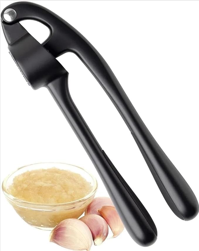 Heavy-duty black garlic press from 7AGAT with metal body and ABS handle, ergonomic non-slip grip for sauces and marinades.