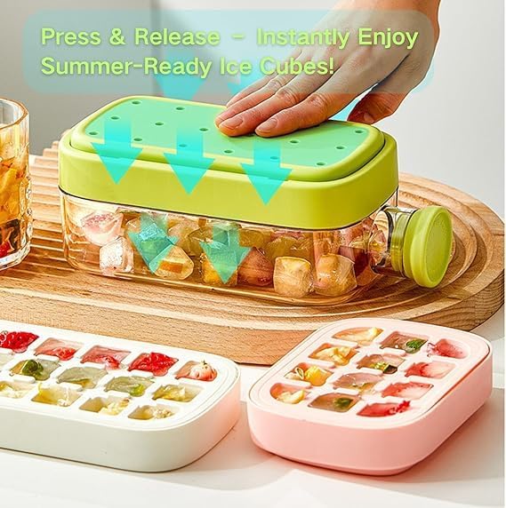 7AGAT 2-in-1 ice cube maker box with colorful design, built-in pour spout, storage container, and easy release system for frozen ice.