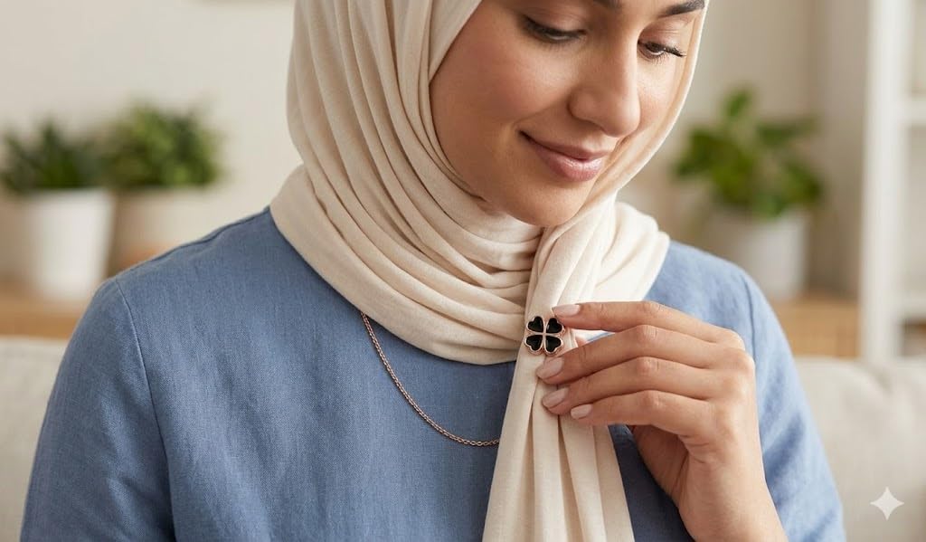 Two 7AGAT magnetic hijab pins with metal scarf magnets, strong hold, no-damage, designed for secure hijab styling.