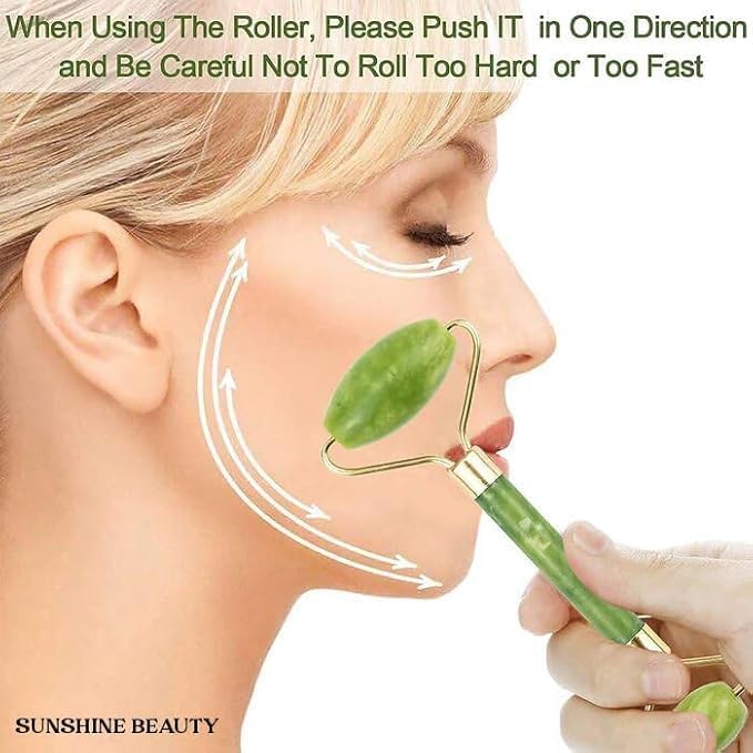 Natural jade roller and Gua Sha set by 7AGAT featuring double-sided facial massage tools for anti-wrinkle skincare.