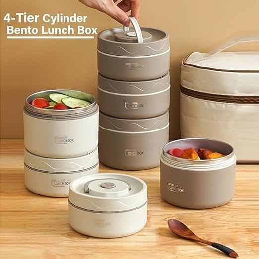 7AGAT stainless steel insulated lunch box set with four beige stackable food containers in two sizes, ideal for work or school.