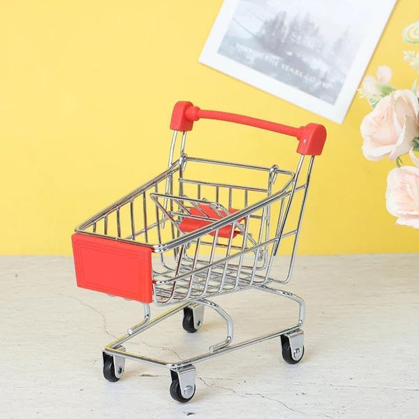 Mini metal shopping cart set with rolling wheels, ideal as desktop organizer and decorative basket for gifts, candy, or party favors.