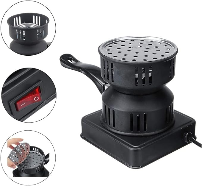 7AGAT electric charcoal burner with 1000W power, black metal coal starter, heat-resistant handle for easy barbecue use.