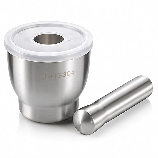 7AGAT stainless steel mortar and pestle set with lid, heavy-duty spice grinder for herbs, garlic, and spices in a durable kitchen tool.