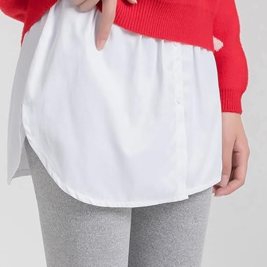 Adjustable women shirt extender layered fake top with elastic waistband, polyester cotton blend, shown with a half-length skirt.