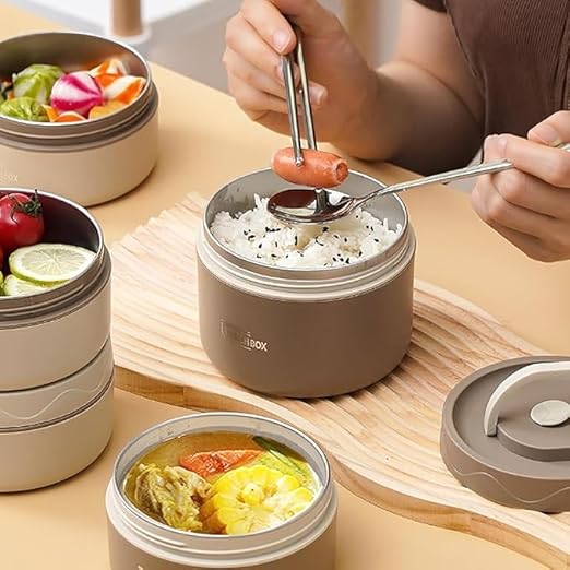 7AGAT stainless steel insulated lunch box set with four beige 4-stack cylinder food containers for work, office, or school.
