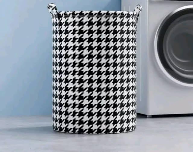 Round collapsible laundry basket with handles, houndstooth pattern, waterproof polyester, foldable storage hamper for clothes and toys.