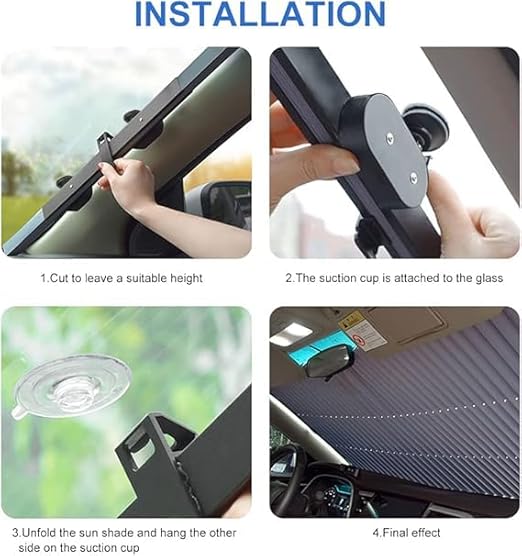 7AGAT retractable car windshield sunshade installed on front and rear windows for UV protection and heat reduction.