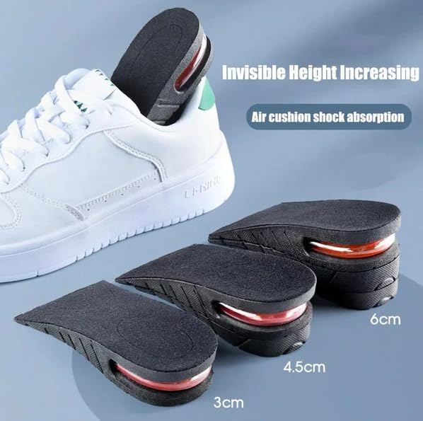 Adjustable layered height increase insoles with air cushion shock absorption for men and women, increasing height from 3cm to 6cm.