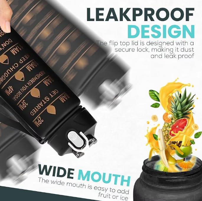 3-Piece Sports Water Bottle Set with Time Markers, Black, Flip-Top Lids and Carrying Handles for Gym, Work, Travel and Outdoor Use