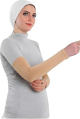 Pair of white cotton arm sleeves for women, breathable and stretchy, providing modest coverage for sports and daily activities.