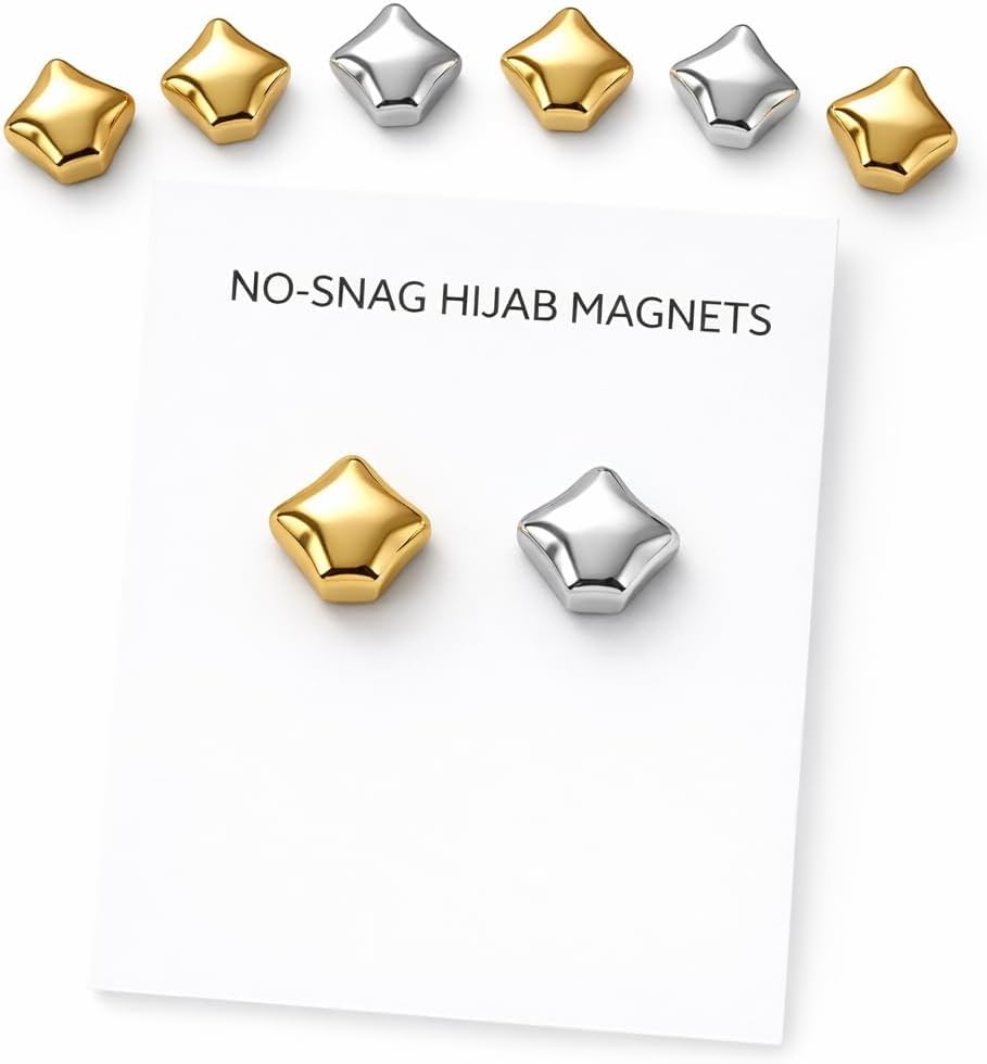 Set of two 7AGAT magnetic hijab pins with strong hold and metal scarf magnets, designed to secure hijabs without damage.
