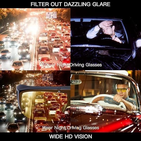 7AGAT 2-piece driving glasses with yellow tint, anti-glare lenses, lightweight wrap-around frame for day and night driving.