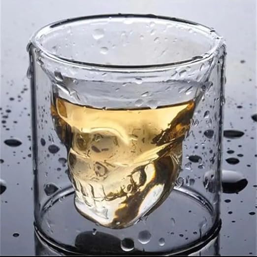 Double wall skull-shaped glass cup by 7AGAT, heat-resistant borosilicate for hot and cold espresso, coffee, and tea drinks.
