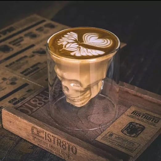 Double wall skull glass cup by 7AGAT, heat-resistant borosilicate glass for hot or cold espresso, coffee, and tea drinks.