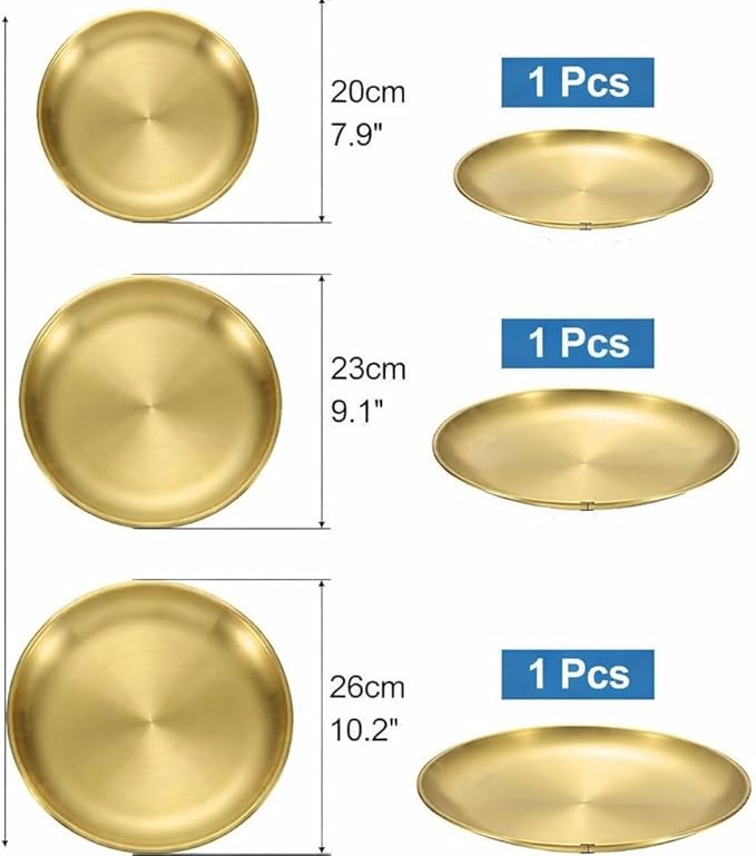 Set of three stainless steel round serving plates in gold, varying sizes for kitchen, restaurant, or outdoor dining.