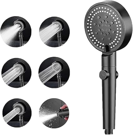 Black 7AGAT high pressure shower head with 6 adjustable speeds, 22 cm length, for bathroom fixtures.