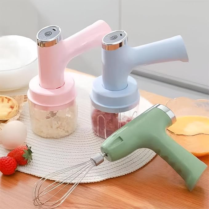 7AGAT cordless 3-in-1 electric hand mixer with garlic chopper, USB rechargeable, multi-speed, in multiple colors, with 250ml bowl.