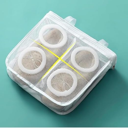 White mesh laundry bag for shoes with zipper closure, reusable design, straps, protects shoes and washing machine, suitable for men and women.