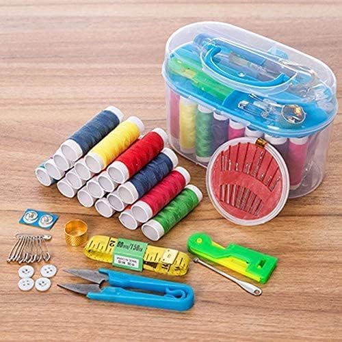 Colorful sewing kit by 7AGAT with thread spools, needles, scissors, pins, and a portable storage case for home or travel.